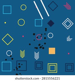 An energetic, seamless vector pattern inspired by 80s and 90s Memphis design. Features vibrant geometric elements including squares, circles, diamonds, arrows, and dots scattered over a dark blue background. Perfect for textile prints, graphic designs, background wallpapers, stationery, packaging, and modern apparel.
#GeometricPattern #MemphisStyle #SeamlessPattern #RetroDesign #VectorArt #SurfacePatternDesign #AbstractPattern #BlueBackground #TextilePrint #PatternDesign #GraphicDesign #DigitalPaper