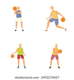 Energetic senior man playing basketball on a court, dribbling the ball and displaying athleticism in a dynamic and engaging illustration of healthy and active elderly lifestyle