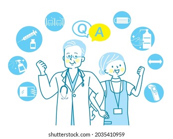 Energetic senior medical professional and medical icon with arms crossed