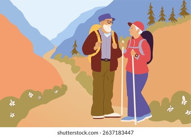 Energetic seniors hike a mountain trail with packs and poles. Vibrant vector art conveys active aging joy and vitality amidst nature.