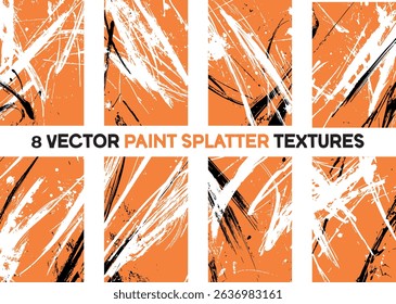 Energetic set of 8 vector paint splatter textures. Abstract orange, white, and black backgrounds with dynamic strokes and chaotic splashes. Perfect for bold, modern designs and creative projects.