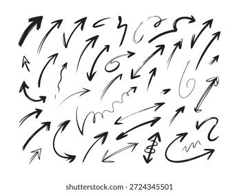 Conjunto energético de flechas de doodle negro dibujado a mano. Diversos punteros esquemáticos que muestran varias direcciones y estilos.