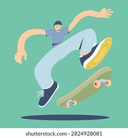 Energetic Skater Performing A Dynamic Jump With Skateboard In Midair Cartoon Vector Illustration