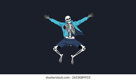 Energetic skeleton dancing joyfully in a vibrant blue jacket and shorts