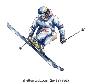 Energetic skier mid-air against snowy peaks, capturing the thrill of winter sports and adventure. Perfect for promoting skiing, travel, and extreme outdoor excitement.