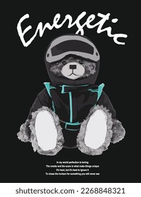 Slogan energético con muñeca de oso e ilustración vectorial de mochila