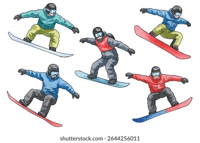 Energético snowboarder correndo em uma inclinação nevada em engrenagens vibrantes, capturando a essência da liberdade, adrenalina e aventura de inverno. Ideal para esportes, estilo de vida e visuais de viagem.