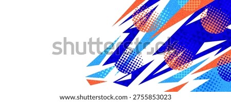 Energetic Sport Background with Blue and Orange Thunderbolt Shapes on White Background and Halftone Patterns