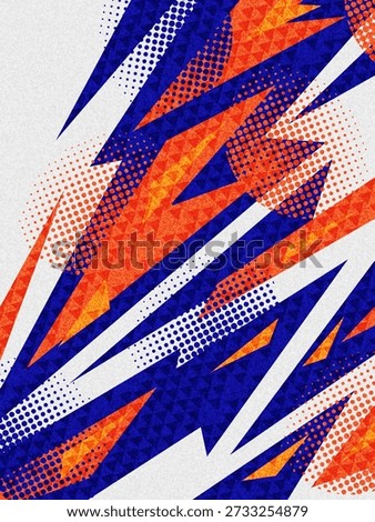 Energetic Sport Event Poster Background Design with Sharp Orange and Blue Shapes, Halftone Dots, and Textured Effects