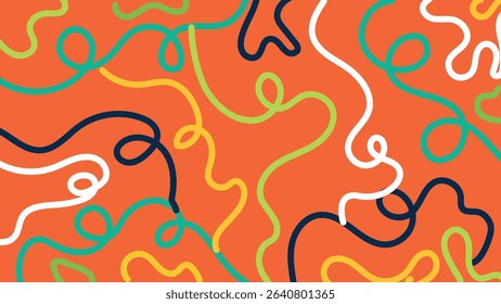 Energetic squiggle composition featuring curved lines in white, red, green, navy, and teal on yellow. Creative and bright abstract visual texture.