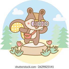 Energetic squirrel with a polka dot tail using binoculars and carrying a crossbody bag while exploring nature during a summer learning activity