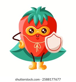 Energetic strawberry superhero in a purple mask and cape, running forward. A bold and friendly character, ideal for healthy lifestyle themes, children’s media, and creative design.