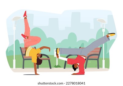 Energetic Street Dancer Characters Caught In Motion, Displaying Impressive Body Control, Rhythm, And Style. Urban Dance Culture, Events, Fitness Or Music Concept. Cartoon People Vector Illustration