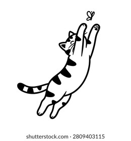 Energetic striped cat jumping with outstretched paws, attempting to catch a butterfly, drawn in a minimalist style