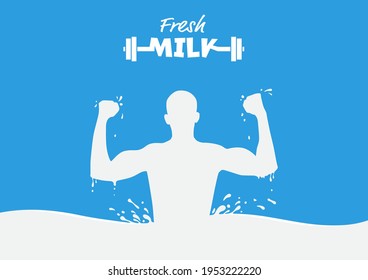 Energetic strong milk man with milk splash, healthy drinking milk concept vector illustration