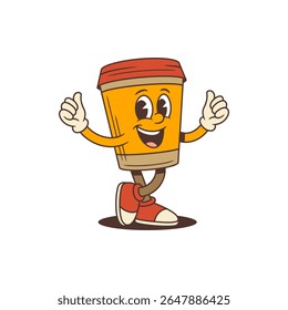 Mascote energético da xícara de café com sorriso alegre mostrando polegares para cima gesto com ambas as mãos em estilo retro de desenho animado. Perfeito para marca, promoção e embalagem. Ilustração vetorial
