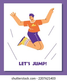 Energetic teenager jumping on trampoline, poster template - flat vector illustration. Let s jump inscription. Happy character trampolining and having leisure time. Sport and acrobatics concepts.