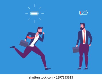 Energetic and tired businessman with full charge and uncharged battery business vector concept