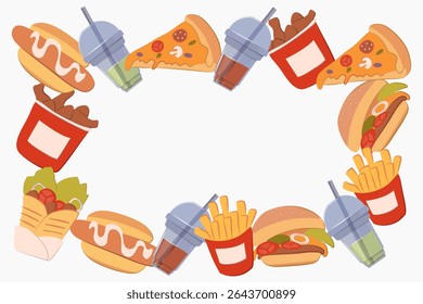 Energetic vector border design filled with iconic fast food: pizza slices, hot dogs, shawarma, french fries, burgers, and drinks. Ideal for cafe menus, promotional flyers, or food apps. 