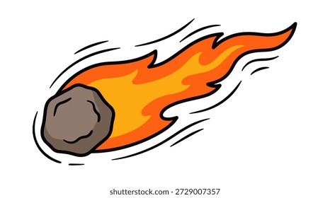 Ilustração vetorial energética de um meteoro ou cometa em chamas que atravessa o espaço. O design apresenta uma cabeça de asteroide de rocha cinza com uma cauda longa e brilhante de fogo laranja e amarelo, simbolizando velocidade e impacto. Este ícone dinâmico de arte plana é perfeito para lições de astronomia, conceitos de desastres, jogos espaciais e gráficos de ficção científica. As cores arrojadas e linhas de movimento transmitem efetivamente o calor e a velocidade de um corpo celeste em queda que entra em uma atmosfera, adequado para contextos educacionais e de entretenimento.