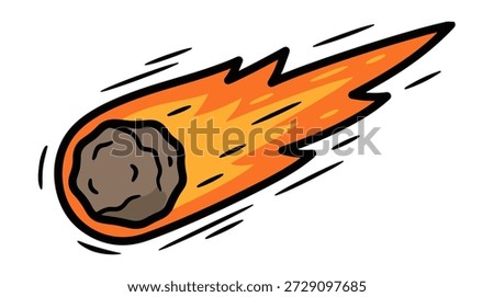 An energetic vector illustration of a burning meteor or comet streaking through space. The design features a grey rock asteroid head with a long, blazing tail of orange and yellow fire, symbolizing speed and impact. This dynamic flat line-art icon is perfect for astronomy lessons, disaster concepts, space games, and science fiction graphics. The bold colors and motion lines effectively convey the heat and velocity of a falling celestial body entering an atmosphere, suitable for educational and entertainment contexts alike.