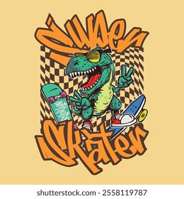 Energetic vector illustration featuring a cool skateboarding dinosaur in sunglasses and sneakers. Bold graffiti-style text and vibrant checkerboard background for a fun, urban streetwear design