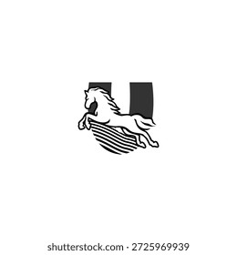 Logotipo de Vector energético de un caballo corriendo la letra del alfabeto U. Ideal para marcas de carreras, identidad deportiva, logotipos al aire libre, marcas de rendimiento y gráficos de tipografía modernos.