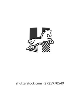 Energetisches Vektorlogo eines Pferdes mit Alphabet H Buchstabe. Ideal für Rennsportmarken, Sportidentität, Outdoor-Logos, Performance-Branding und moderne typografische Visuals.
