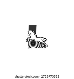Energetisches Vektorlogo eines Pferdes, das den Buchstaben L durchläuft. Ideal für Rennsportmarken, Sportidentität, Outdoor-Logos, Performance-Branding und moderne typografische Visuals.