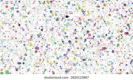 An energetic and visually engaging composition featuring a dense scattering of small, vibrant triangles and circles creating a cheerful, abstract design.