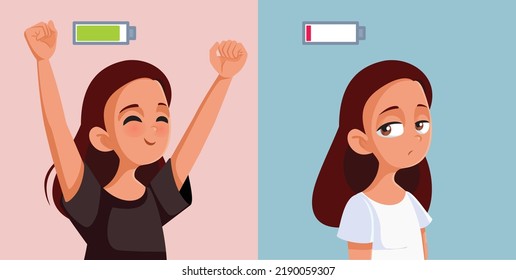 

Energetic Vs Tired Teen Girl Vector Cartoon Illustration. Adolescent Feeling Low In Every After Being In A Good Mood
