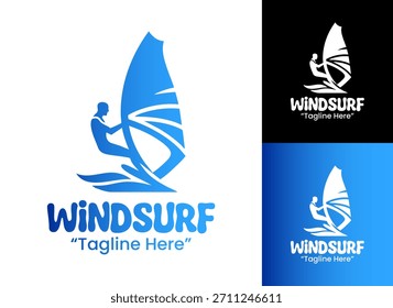 An energetic windsurf emblem blending wave curves and sail shapes, perfect for active lifestyle brands and extreme sport identity.