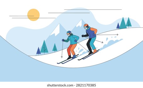 Energetic winter scene showing two people in colorful suits skiing down a snowy mountain slope with pine trees under a warm sun.
