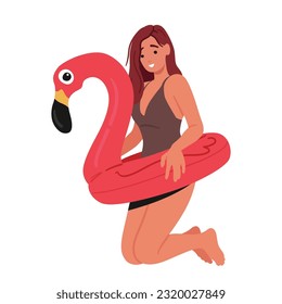 Energetic Woman Character with Inflatable Flamingo Ring Joyfully Leaps Into The Air Wearing Brown Swimsuit, Exuding Happiness And Confidence In Her Beach Attire. Cartoon People Vector Illustration