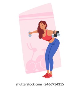 Energetic Woman with Hand Prosthesis Exercising In Gym. Disabled Female Character Lifting Dumbbell Weights With Enthusiasm, Cartoon Vector Scene Conveys Themes Of Fitness, Health And Active Lifestyle