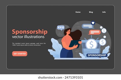 Energetic woman navigating sponsorship opportunities via tablet. Chat bubbles and financial icons surround as she evaluates potential engagements. Efficient way to support causes. vector illustration