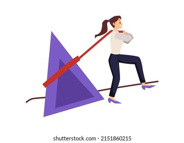 Energetic woman pushes purple triangular stone, boulder. Businesswoman moving towards success overcoming challenges, vector flat illustration isolated on white background. Woman doing hard effort
