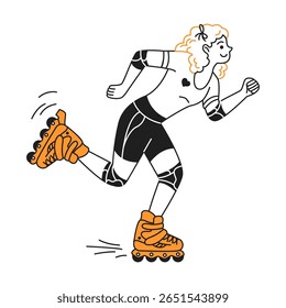 Energetic woman rollerblading with a joyful expression in a minimalist style. Black and orange colors highlight her casual and active lifestyle.