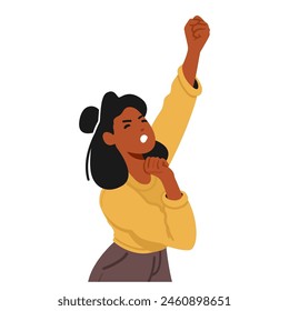 Energetic Woman Wearing Yellow And Black Clothing Raises Her Fists In Protest. Black Female Character Expressing herself Boldly And Passionately. Cartoon People Vector Illustration