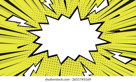 Energetic yellow background with comic-style explosion, halftone dots, lightning bolts, and a bright central space. Ideal for pop art and retro storytelling visuals.