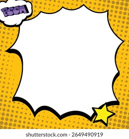 Fundo de estilo de quadrinhos retro amarelo energético caracterizando uma grande, balão de fala irregular com amplo espaço em branco para texto. Inclui uma nuvem de efeito sonoro roxa "BOOM" e um elemento estrela amarelo brilhante