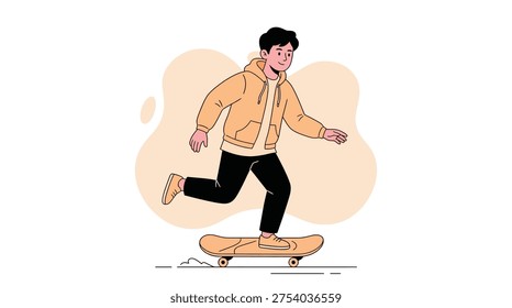 Energetic young boy cheerfully riding a skateboard, showcasing a carefree and active youth lifestyle in an outlined vector art style.