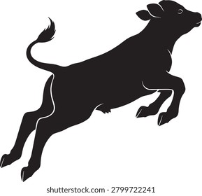 Energetic young calf jumping playfully black silhouette vector graphic design illustration isolated on transparent background