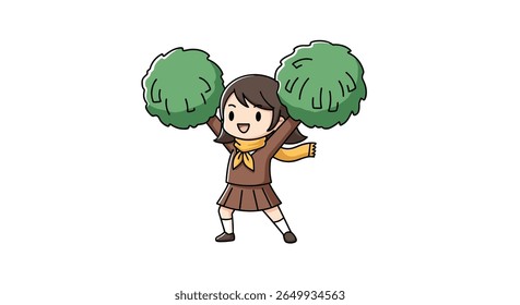 Energetic young cheerleader with green pom-poms performing a lively dance routine