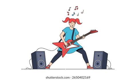 Energetic young girl playing electric guitar with music notes floating above her head surrounded by speakers