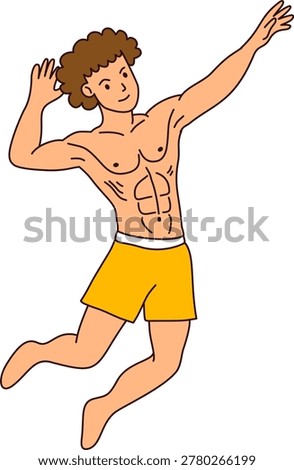 Energetic Young Man Jumping With One Arm Raised Up