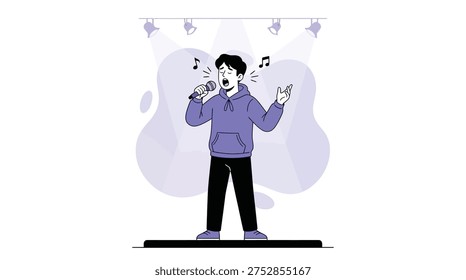 Energetic young man performing with a microphone under spotlights, expressing emotion through song and musical talent on stage. Flat vector illustration concept.