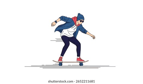 Jovem enérgico com gorro e óculos escuros monta um skate com velocidade e estilo