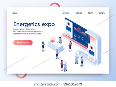 Energetics Expo Horizontal Banner. Exhibition Center Stand with Graphs and Tiny People in Casual and Arabic Dresses Randomly Moving and Looking at Promotional Stand. 3D Isometric Vector Illustration.