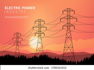 Energetics, power transmission line, electric industry vector poster. Transmission high voltage towers with wires and cables on nature sunset background with mountains and fir trees silhouettes